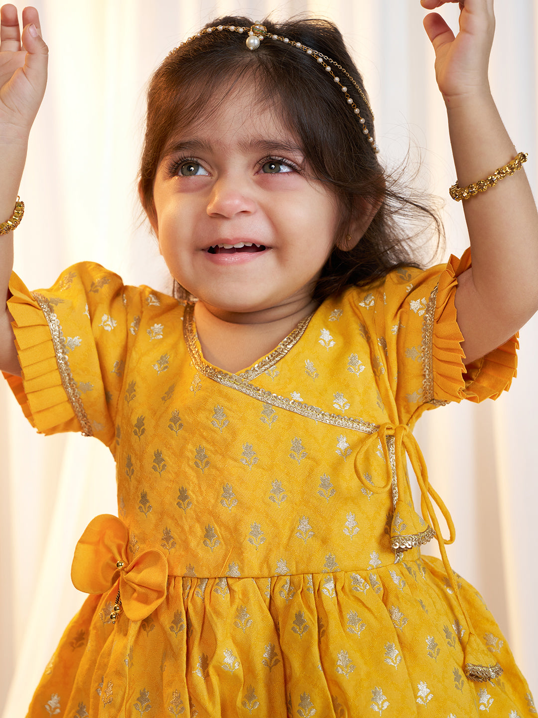 Girl's Mustard Jacquard Angrakha Kurta with Pant, Hairband, Shoe & Swaddle Set