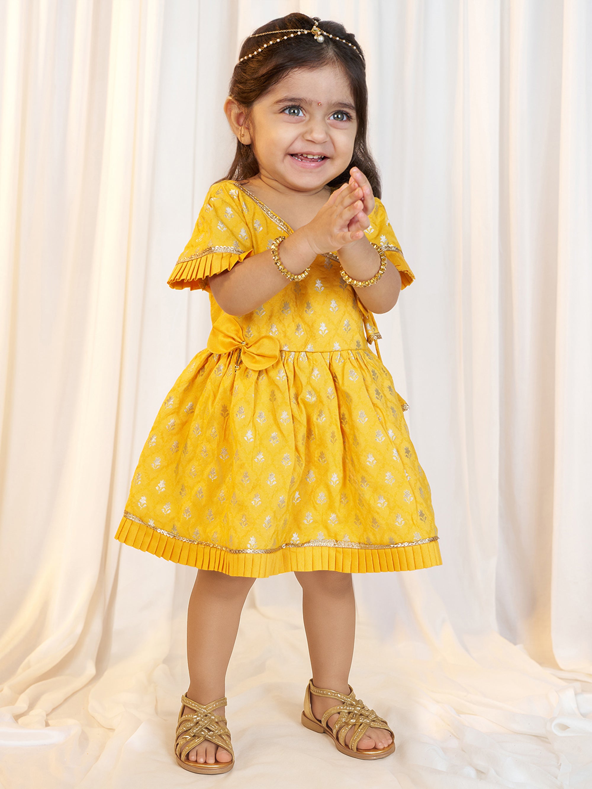 Girls Mustard Viscose Jacquard Dress Set with Floral Pattern