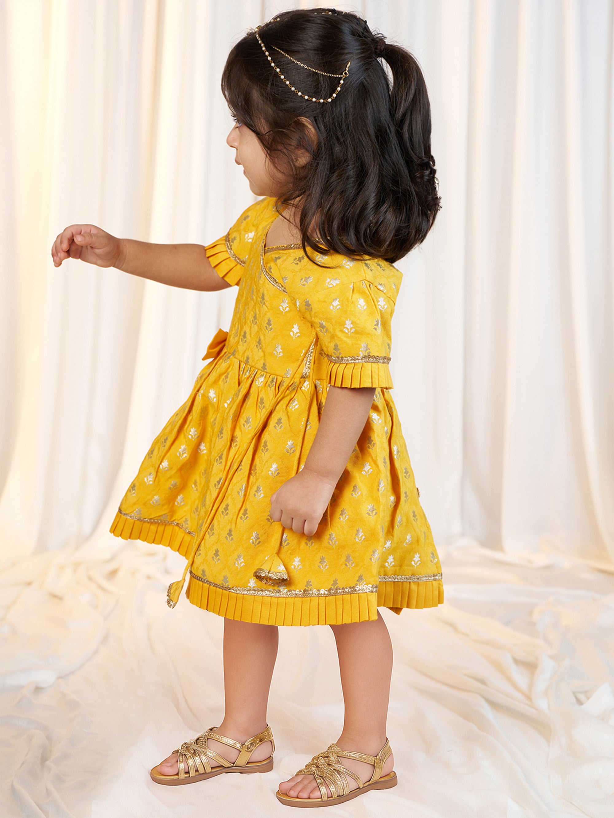 Girls Mustard Viscose Jacquard Dress Set with Floral Pattern