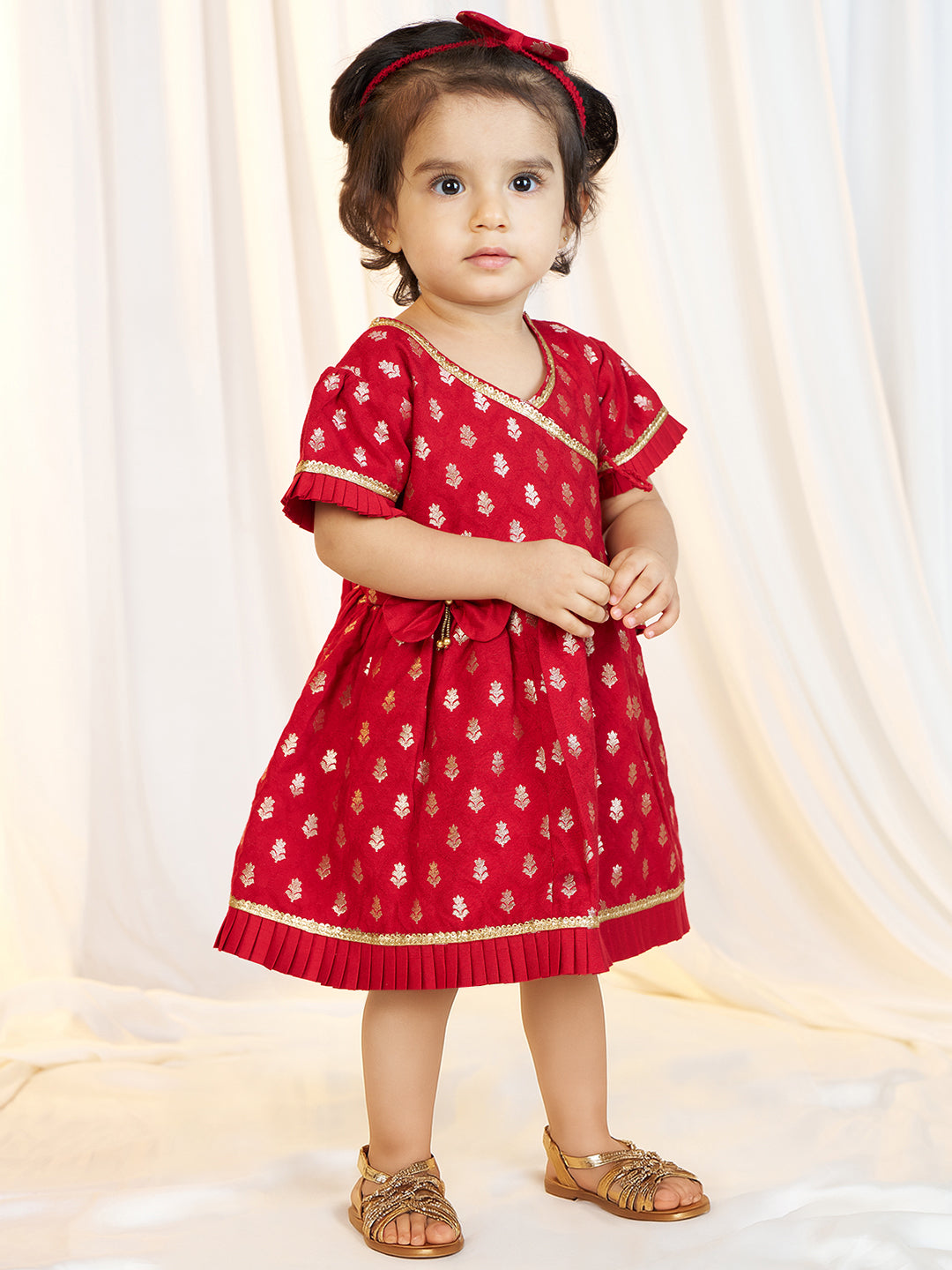 Girls Red Viscose Jacquard Dress Set with Floral Pattern