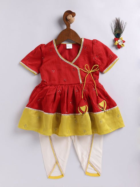 Girl's' Red And Cream Dhoti Kurta Set