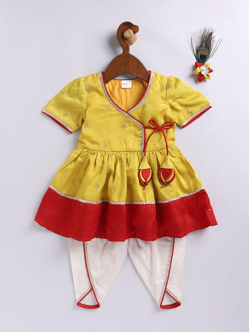 Girl's' Yellow And Cream Dhoti Kurta Set