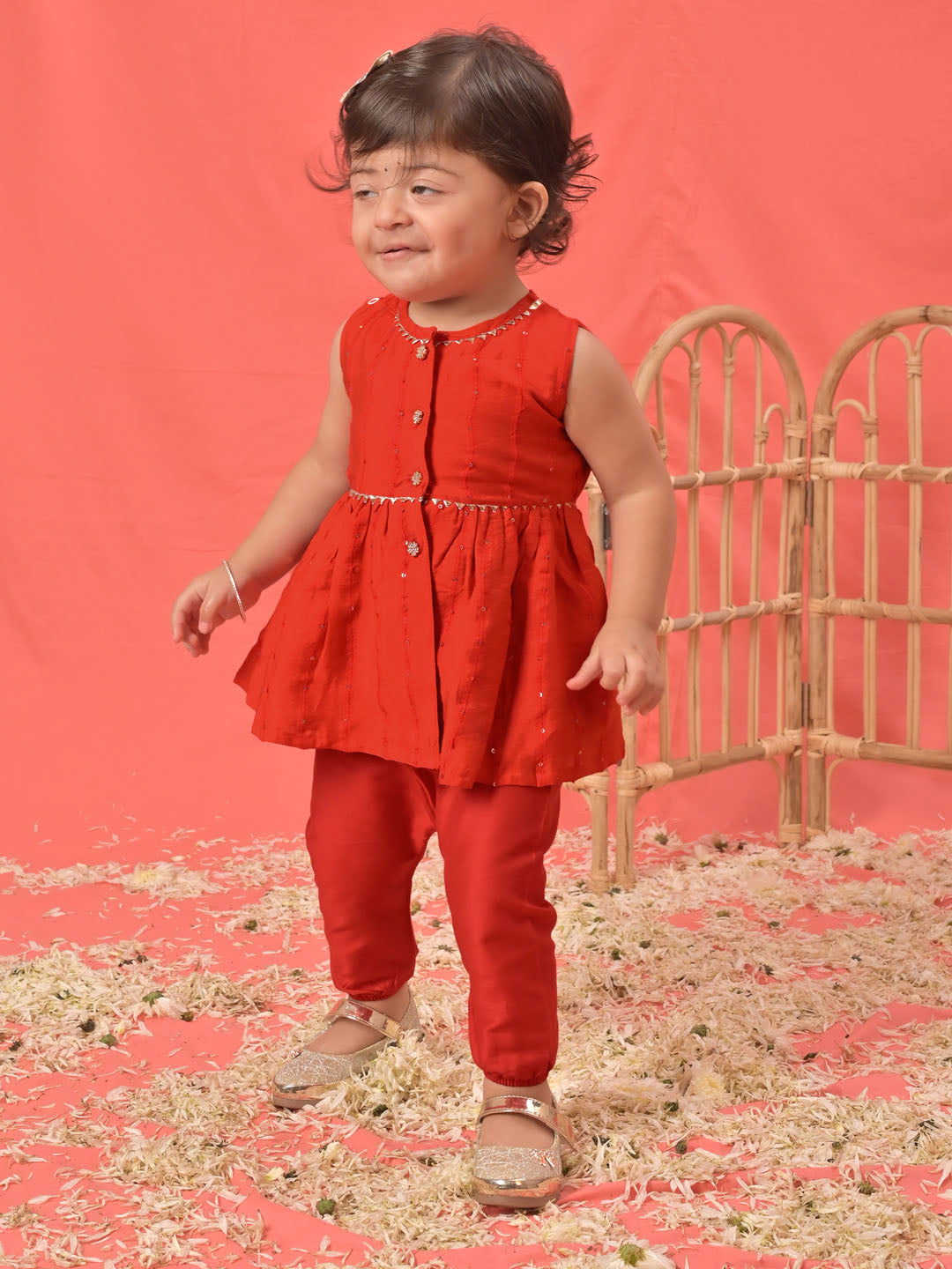 Girl's Red Cotton Flock And Dhoti Set