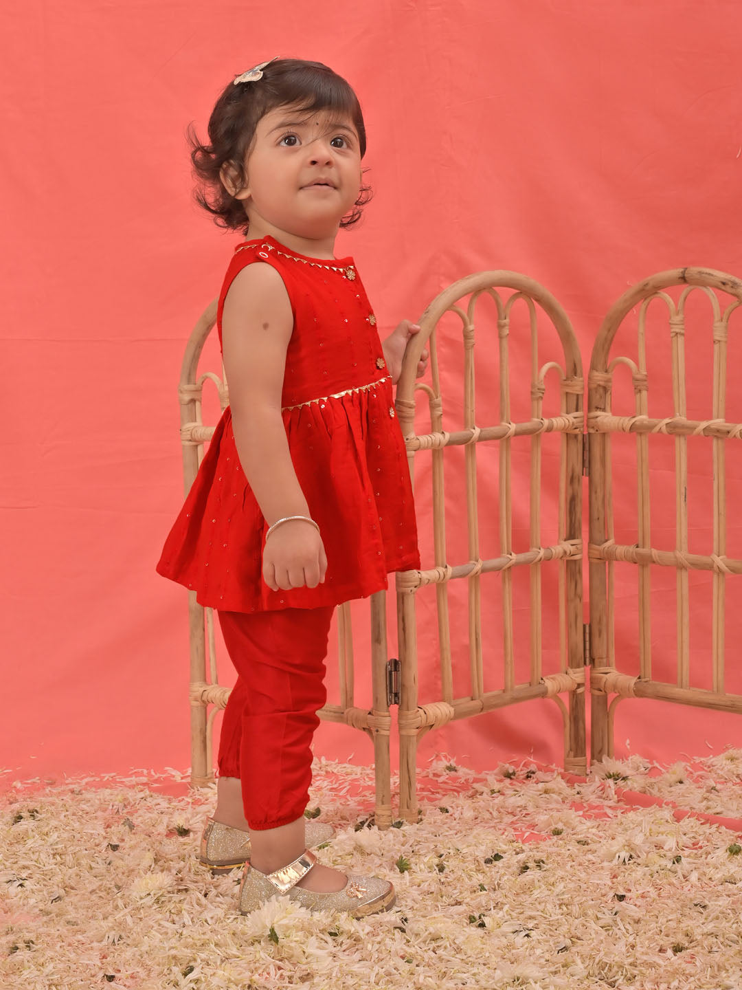 Girl's Red Cotton Flock And Dhoti Set