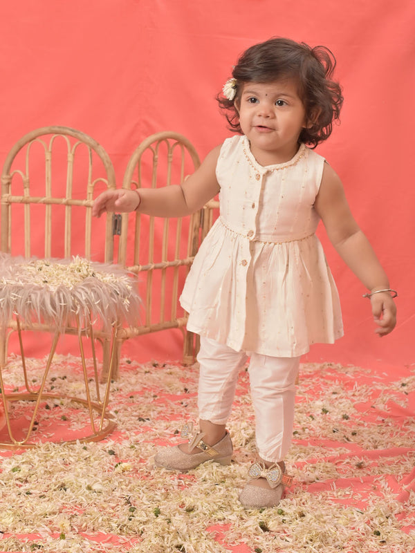 Girl's White Cotton Flock And Dhoti Set