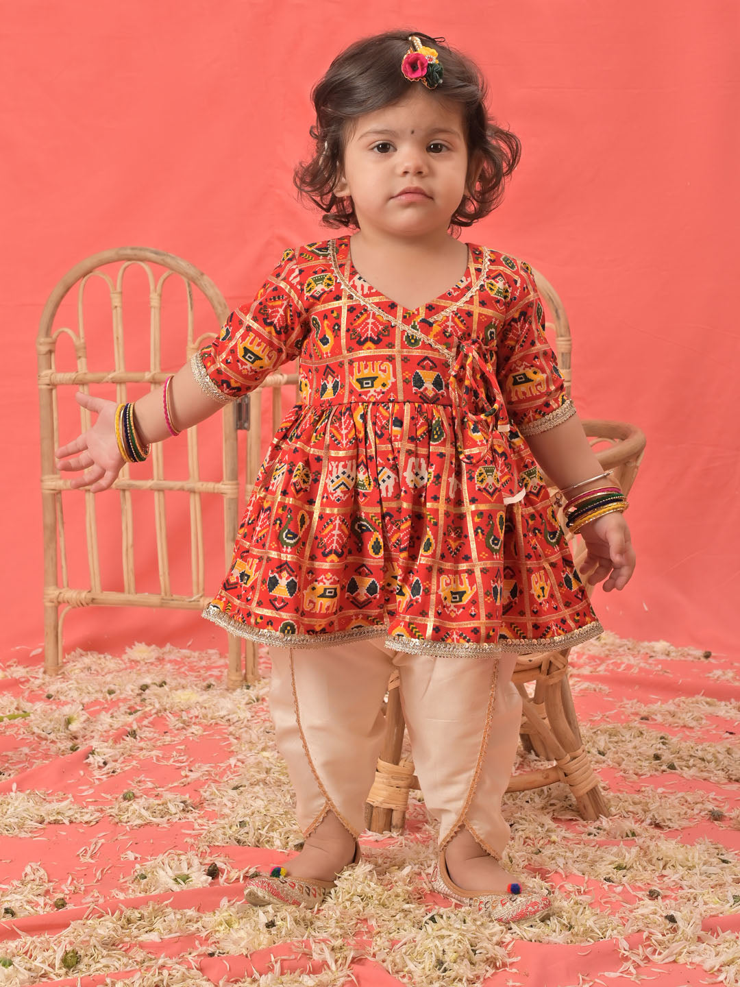 Girl's Red Angrakha Style Patola Print Kurta Dhoti Set