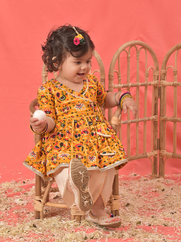 Girl's Yellow Angrakha Style Patola Print Kurta Dhoti Set