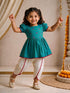 Girls Aqua Cotton Embroidered Kurta Dhoti Set