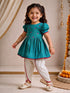 Girls's Aqua Cotton Embroidered Thigh Length Kurta And Dhoti Set