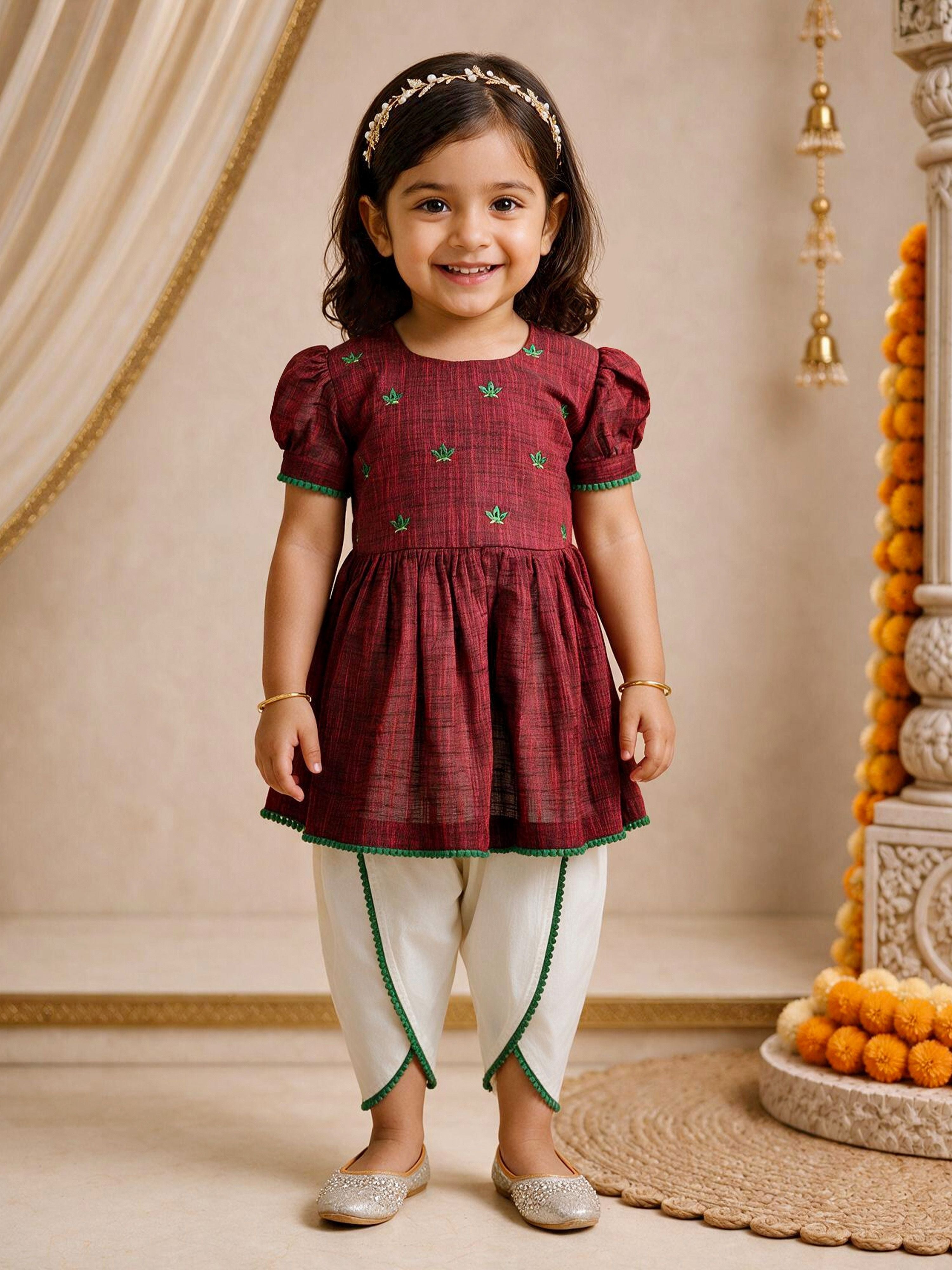 Girls's Maroon Cotton Embroidered Thigh Length Kurta And Dhoti Set