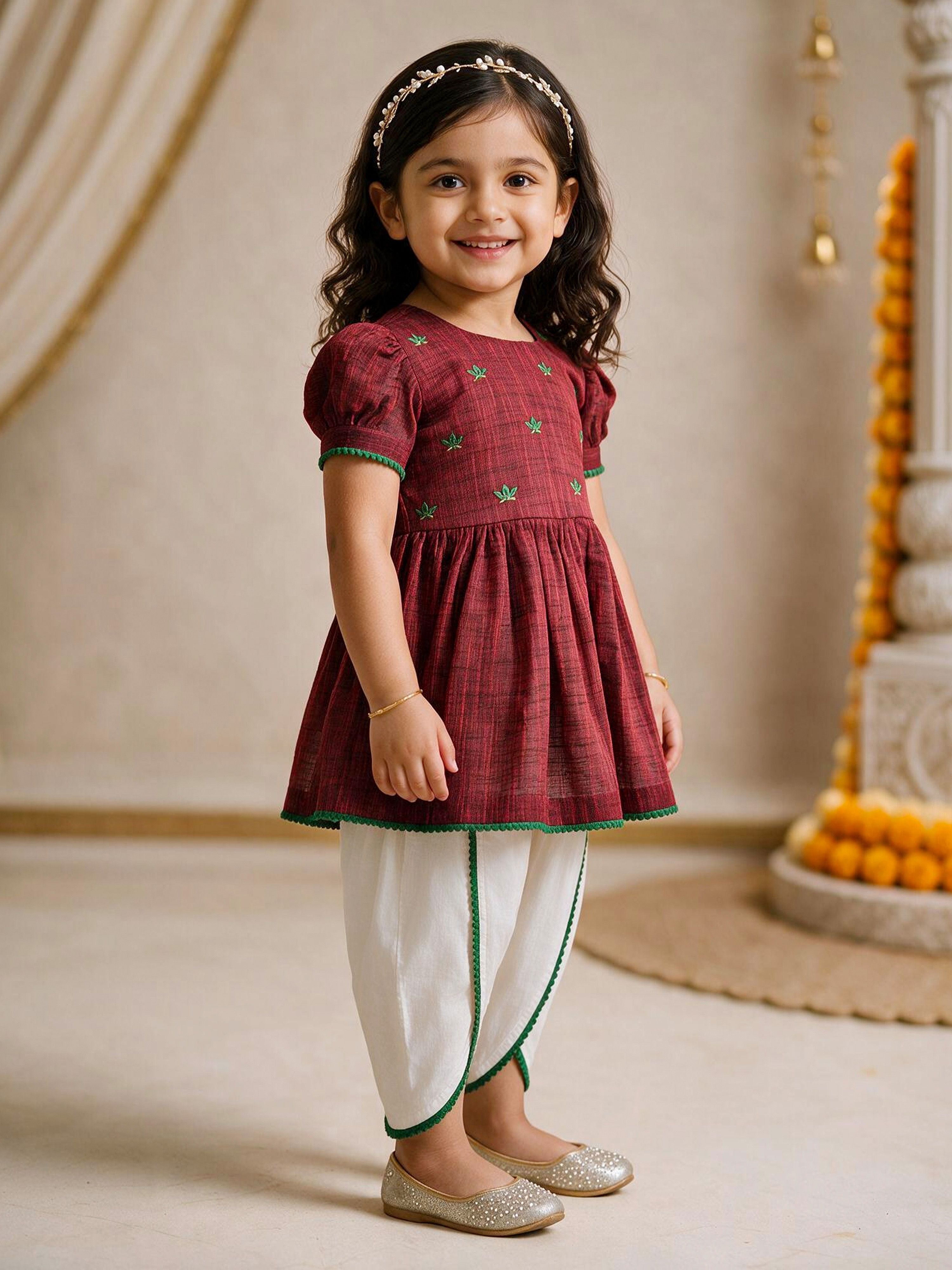 Girls's Maroon Cotton Embroidered Thigh Length Kurta And Dhoti Set