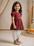 Girls's Maroon Cotton Embroidered Thigh Length Kurta And Dhoti Set