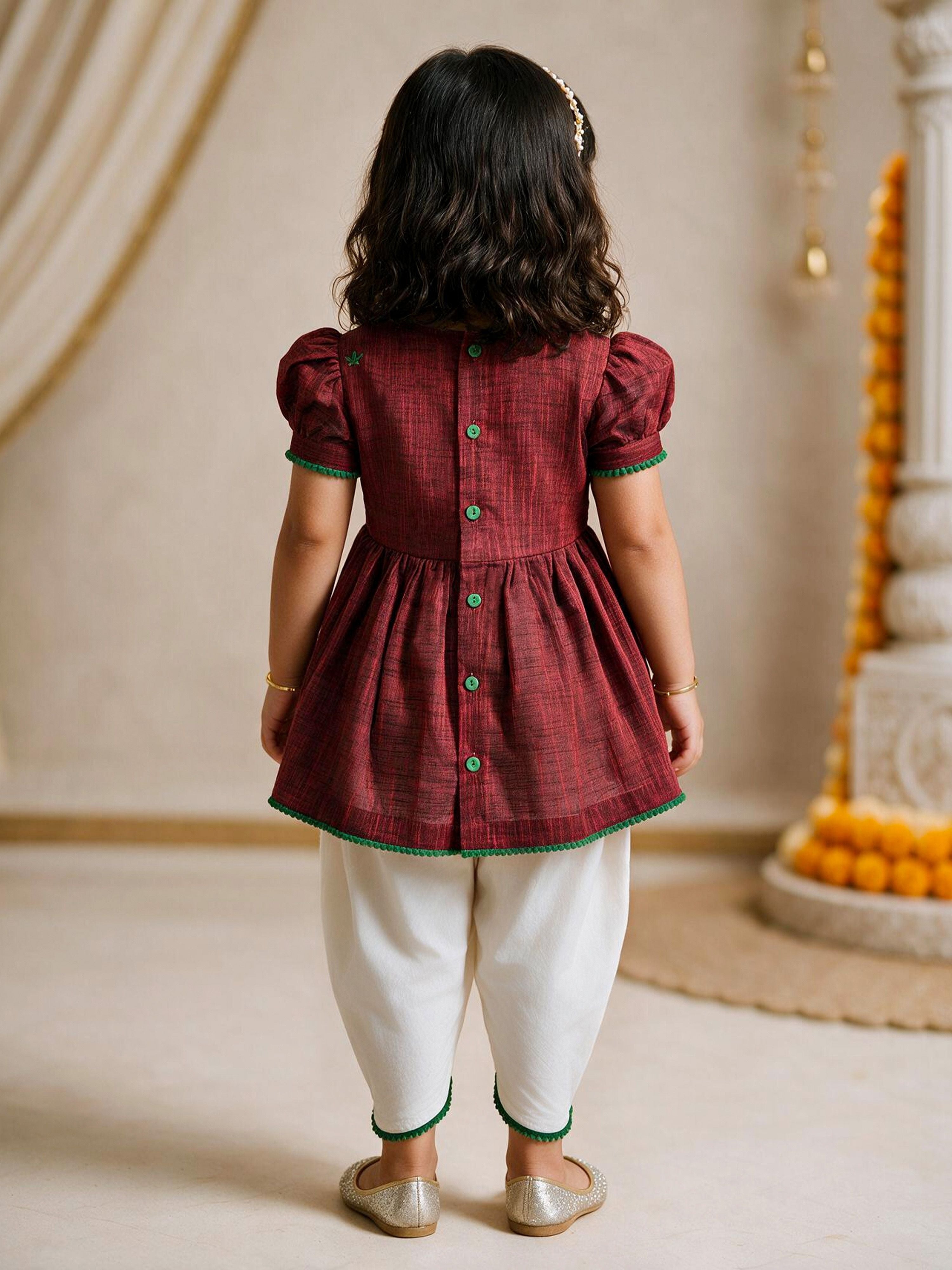 Girls's Maroon Cotton Embroidered Thigh Length Kurta And Dhoti Set