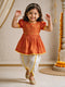 Girls Orange Cotton Embroidered Kurta Dhoti Set