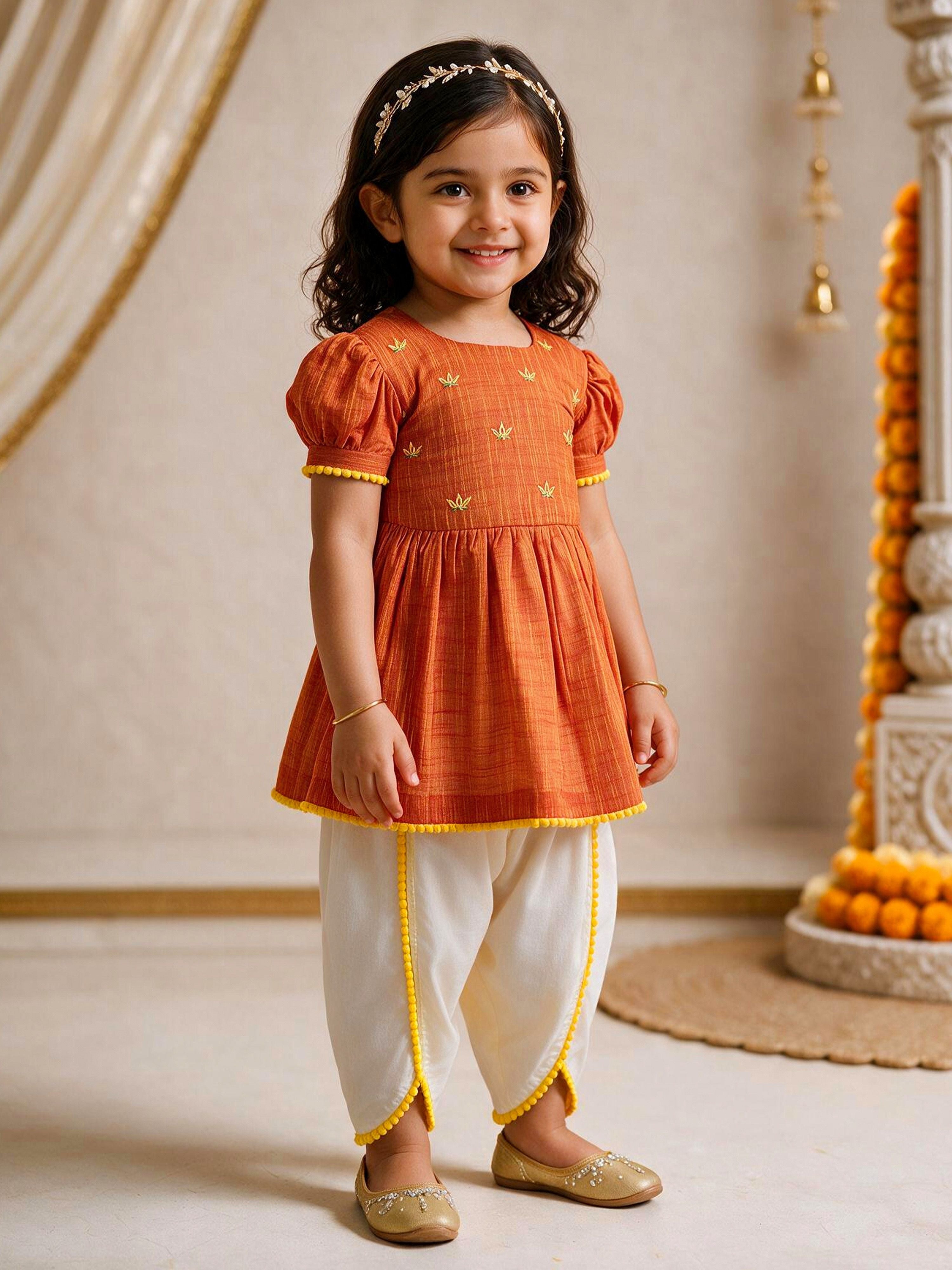 Girls's Orange Cotton Embroidered Thigh Length Kurta And Dhoti Set