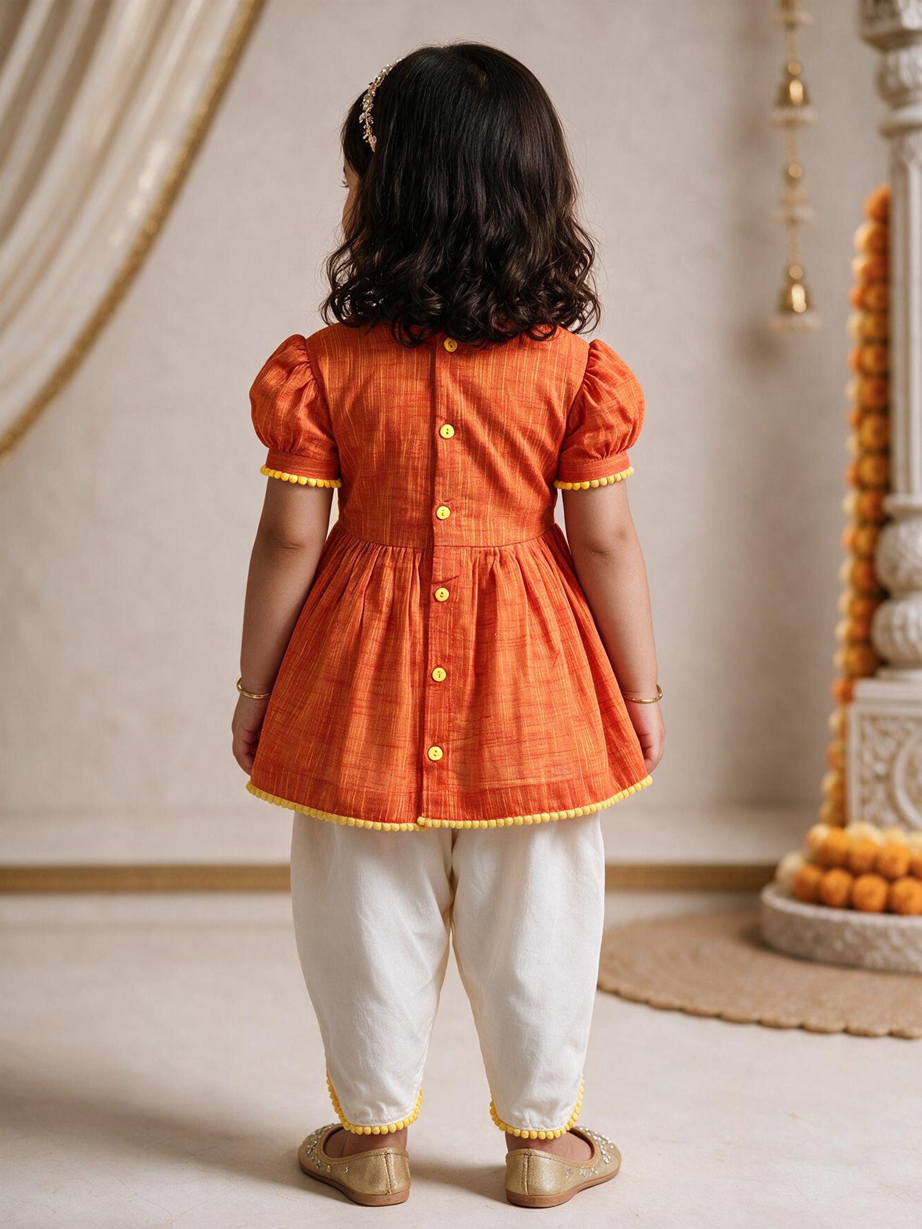 Girls's Orange Cotton Embroidered Thigh Length Kurta And Dhoti Set