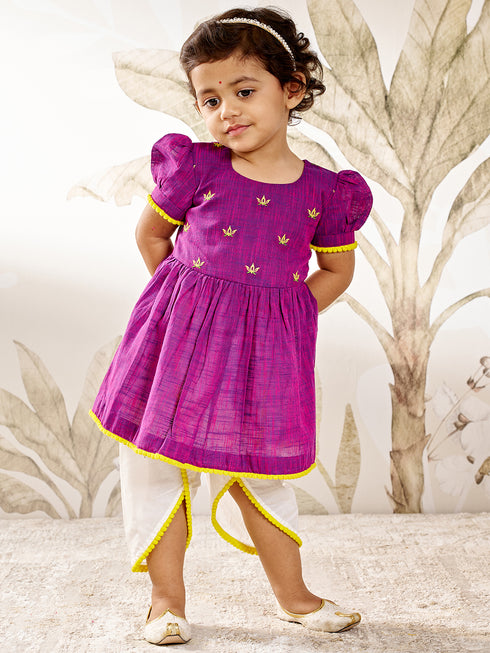 Girl's Purple Yellow Floral Kurta Dhoti Set