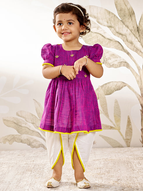Girl's Purple Yellow Floral Kurta Dhoti Set