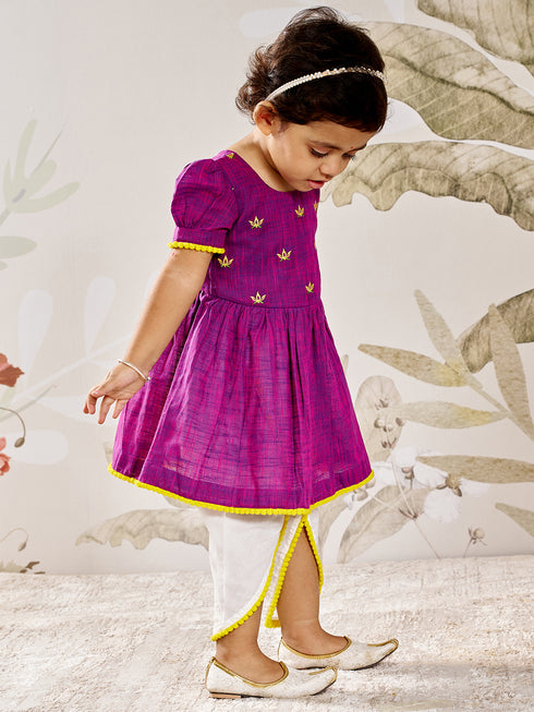 Girl's Purple Yellow Floral Kurta Dhoti Set