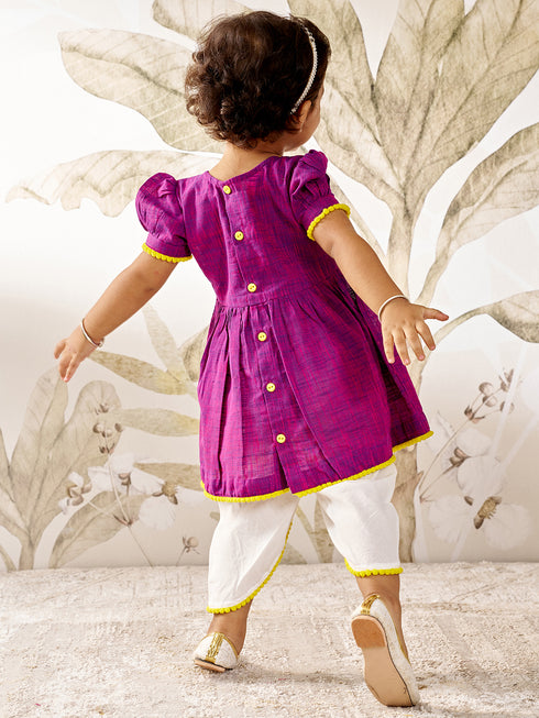 Girl's Purple Yellow Floral Kurta Dhoti Set