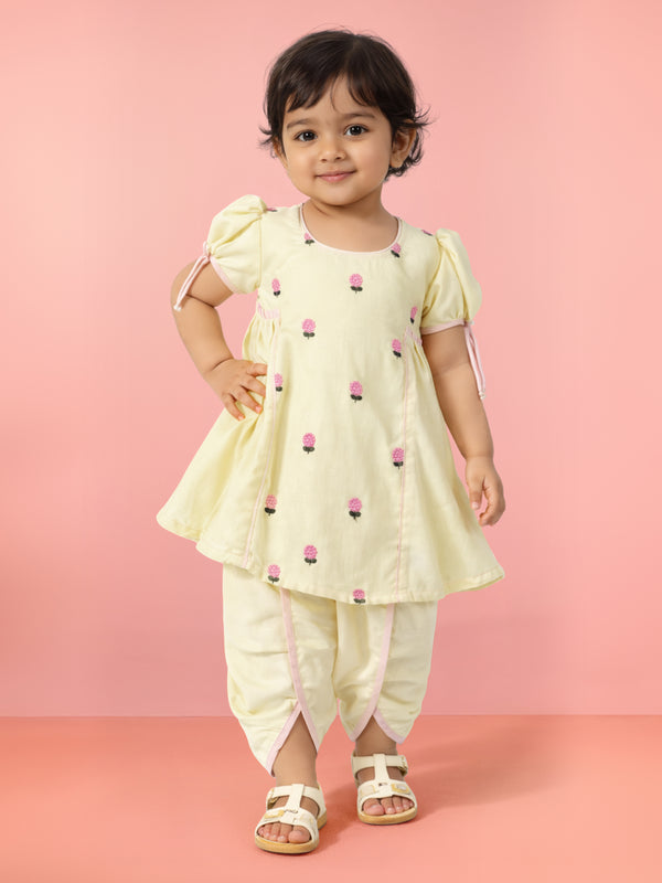 Girls' Cream Yellow Embroidered Cotton Kurta Dhoti Set - Navratri Festive Wear
