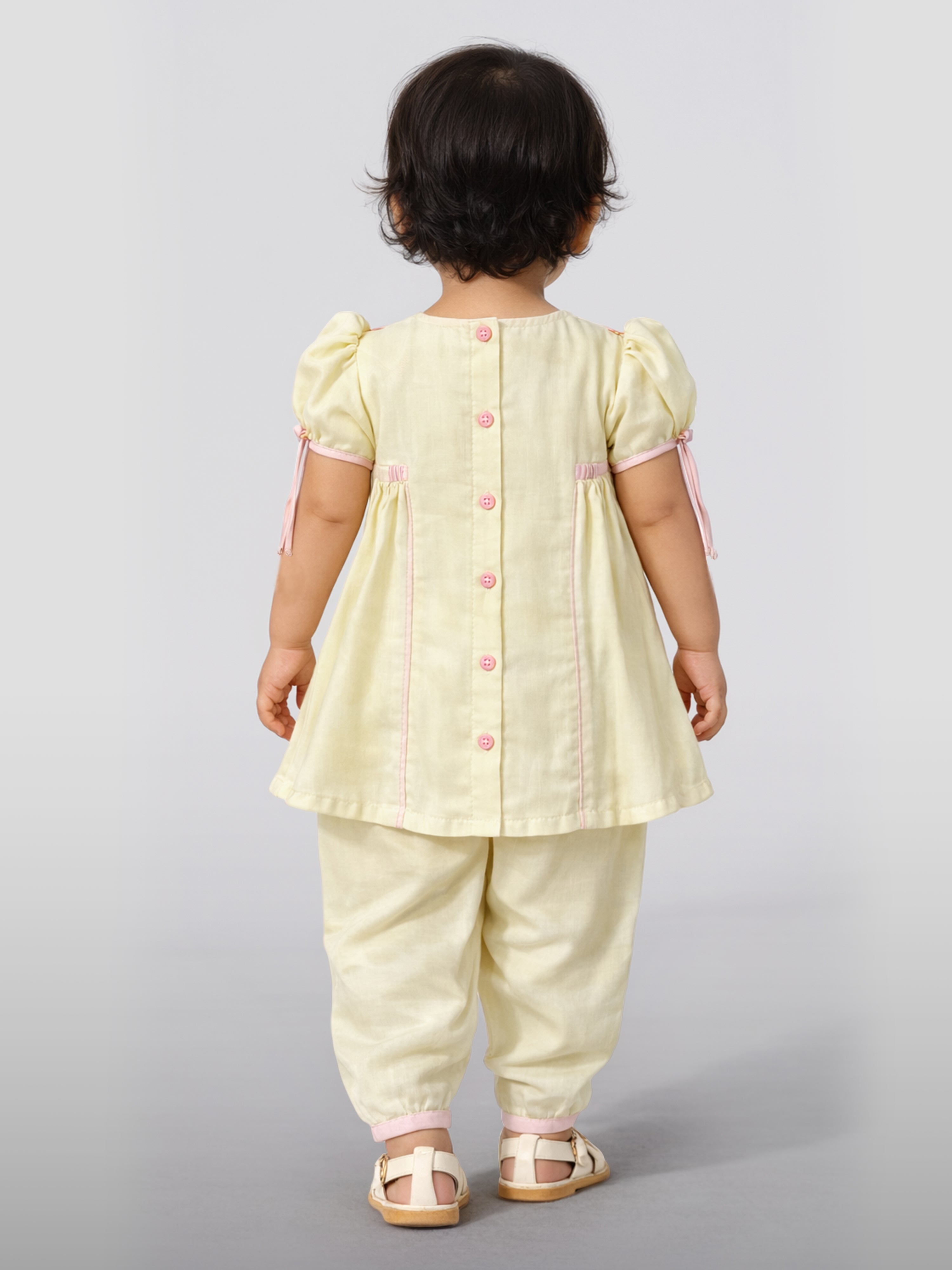 Girls' Cream Yellow Embroidered Cotton Kurta Dhoti Set - Navratri Festive Wear