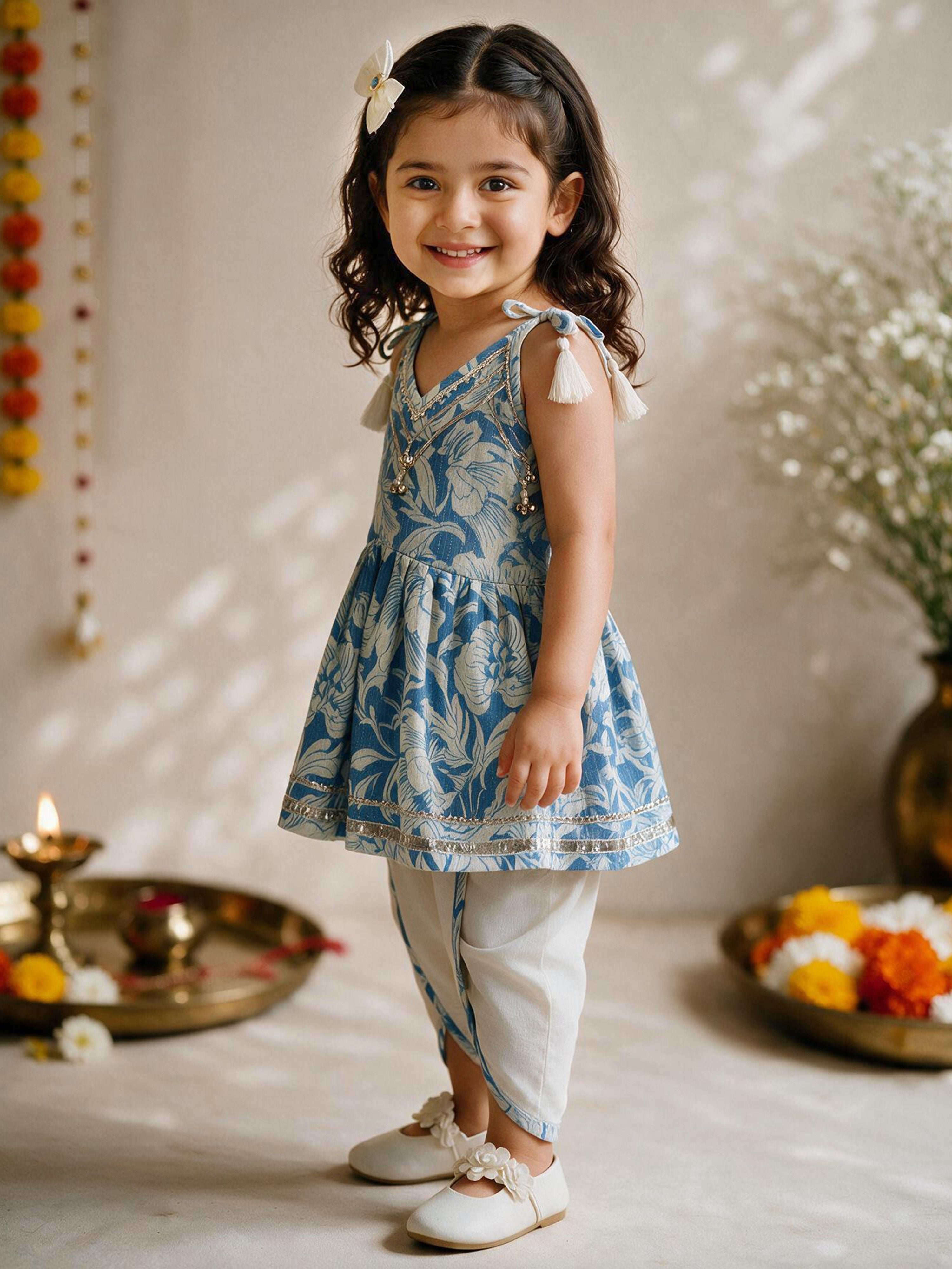 Girls Blue Cotton Floral Print Thigh Length Kurta and Dhoti Set