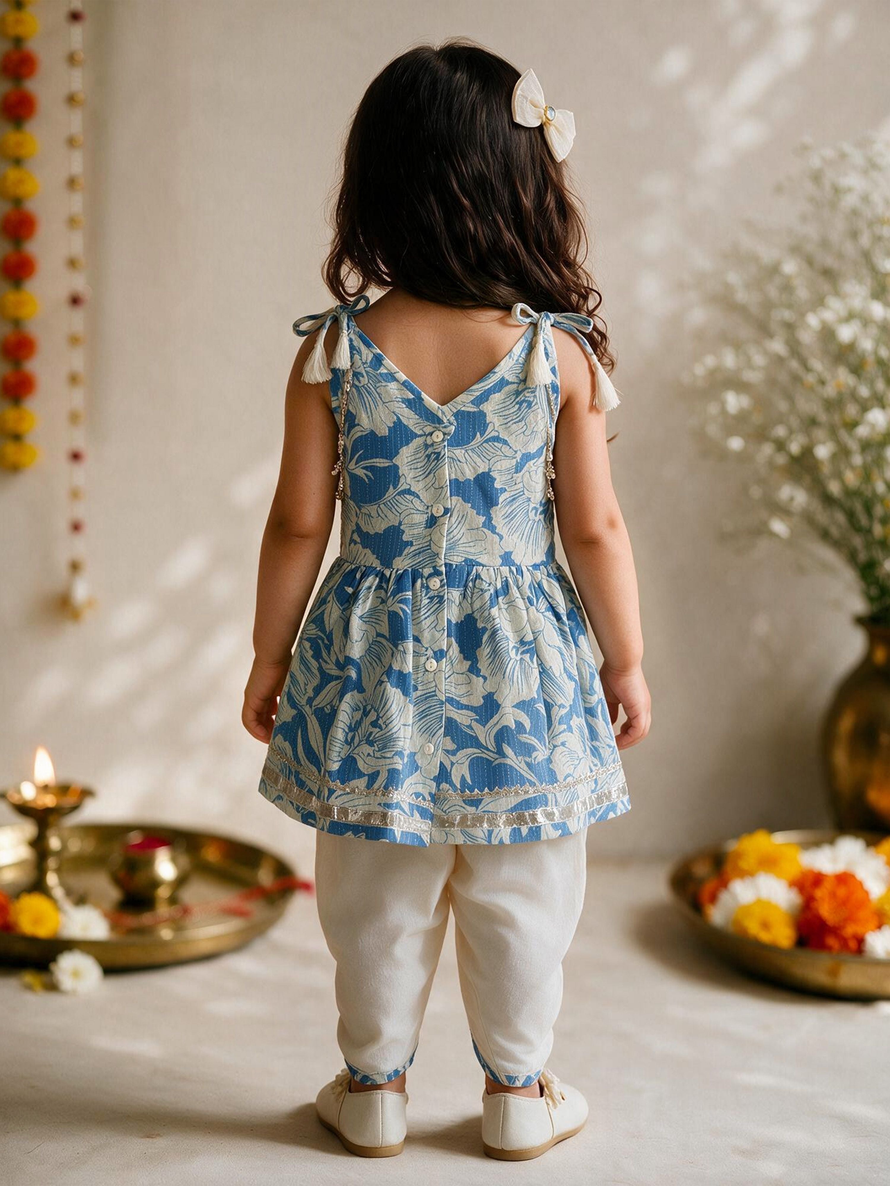 Girls Blue Cotton Floral Print Thigh Length Kurta and Dhoti Set