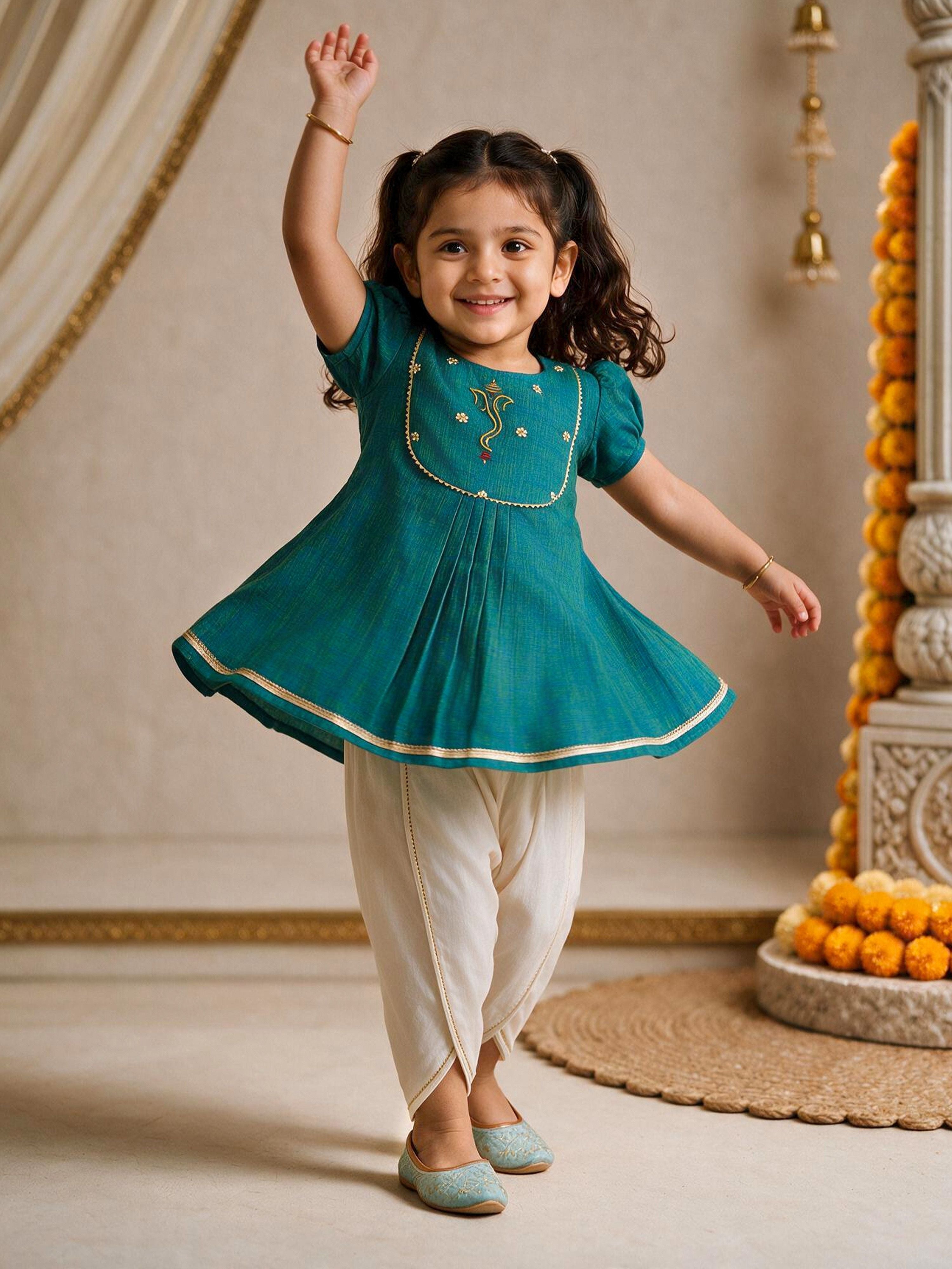 Girls Aqua Cotton Embroidered Kurta Dhoti Set