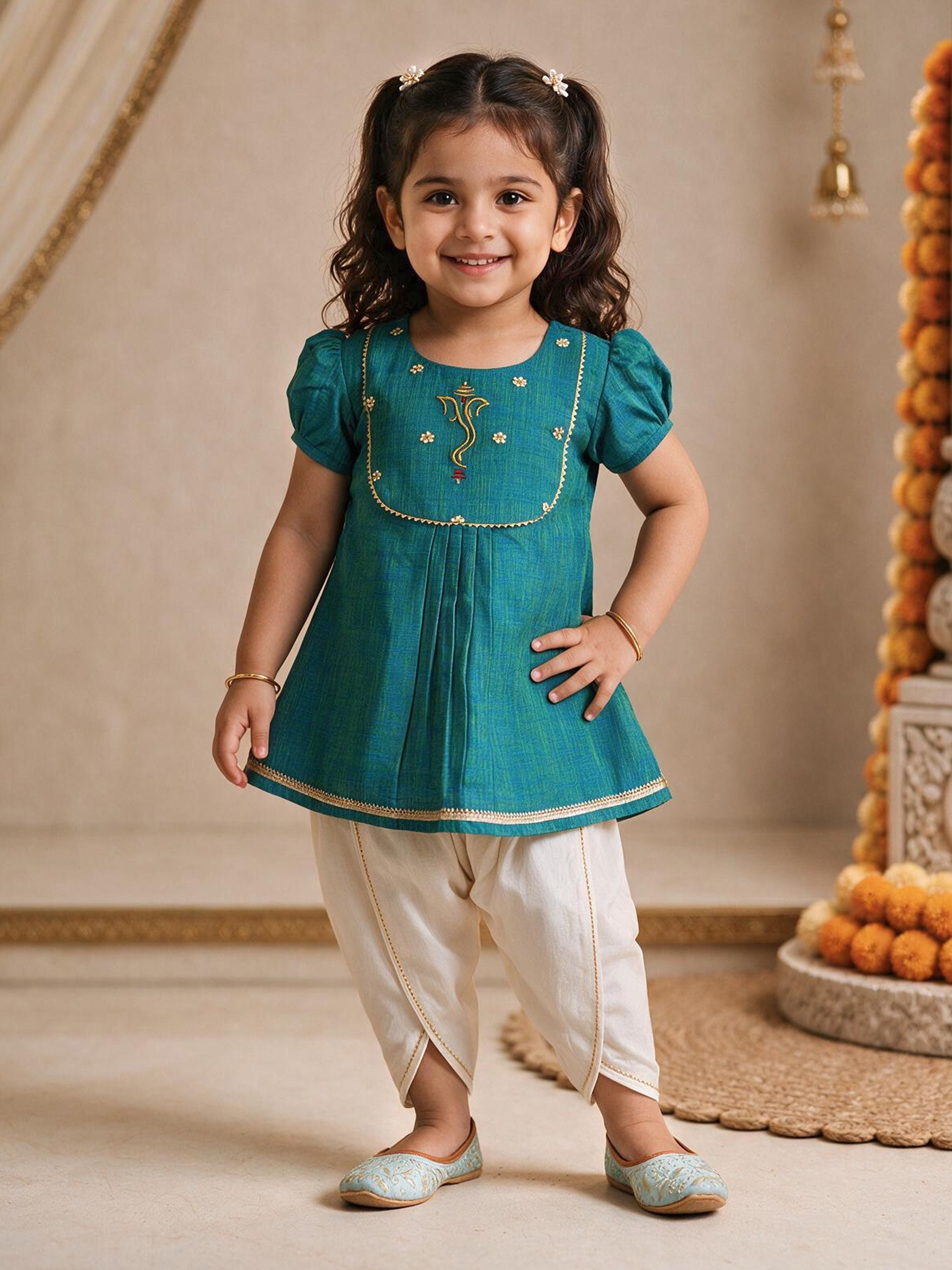 Girls's Aqua Cotton Embroidered Thigh Length Kurta And Dhoti Set