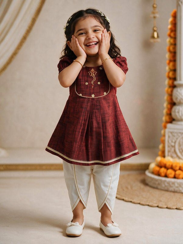 Girls Maroon Cotton Embroidered Kurta Dhoti Set