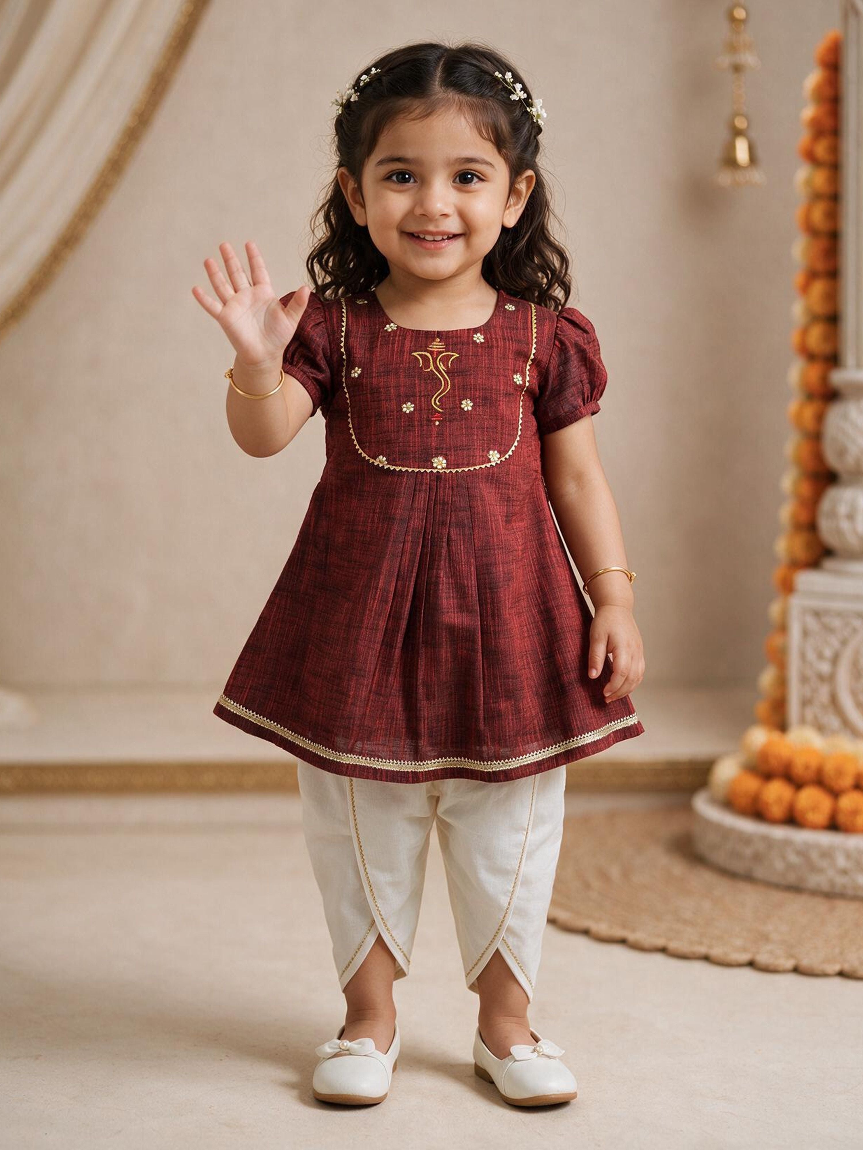 Girls's Maroon Cotton Embroidered Thigh Length Kurta And Dhoti Set