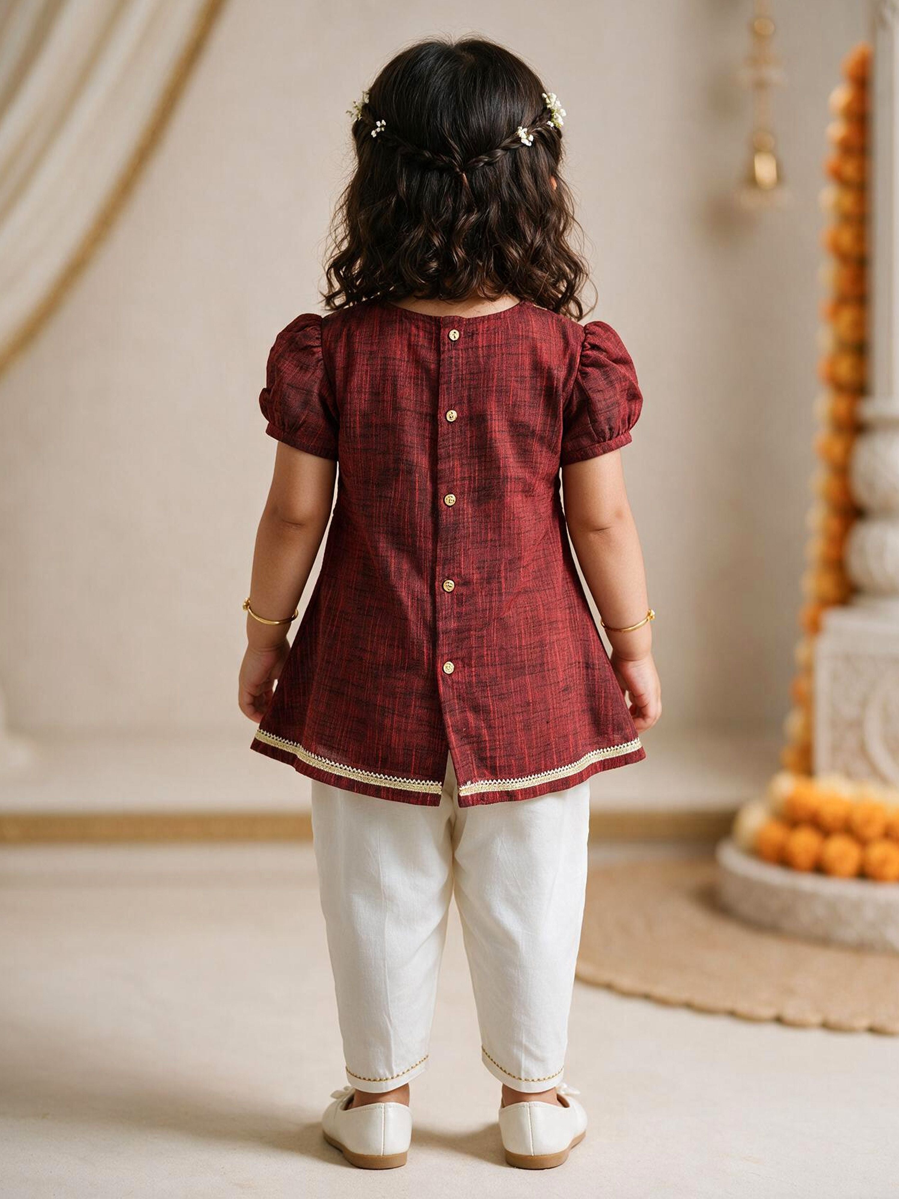 Girls's Maroon Cotton Embroidered Thigh Length Kurta And Dhoti Set