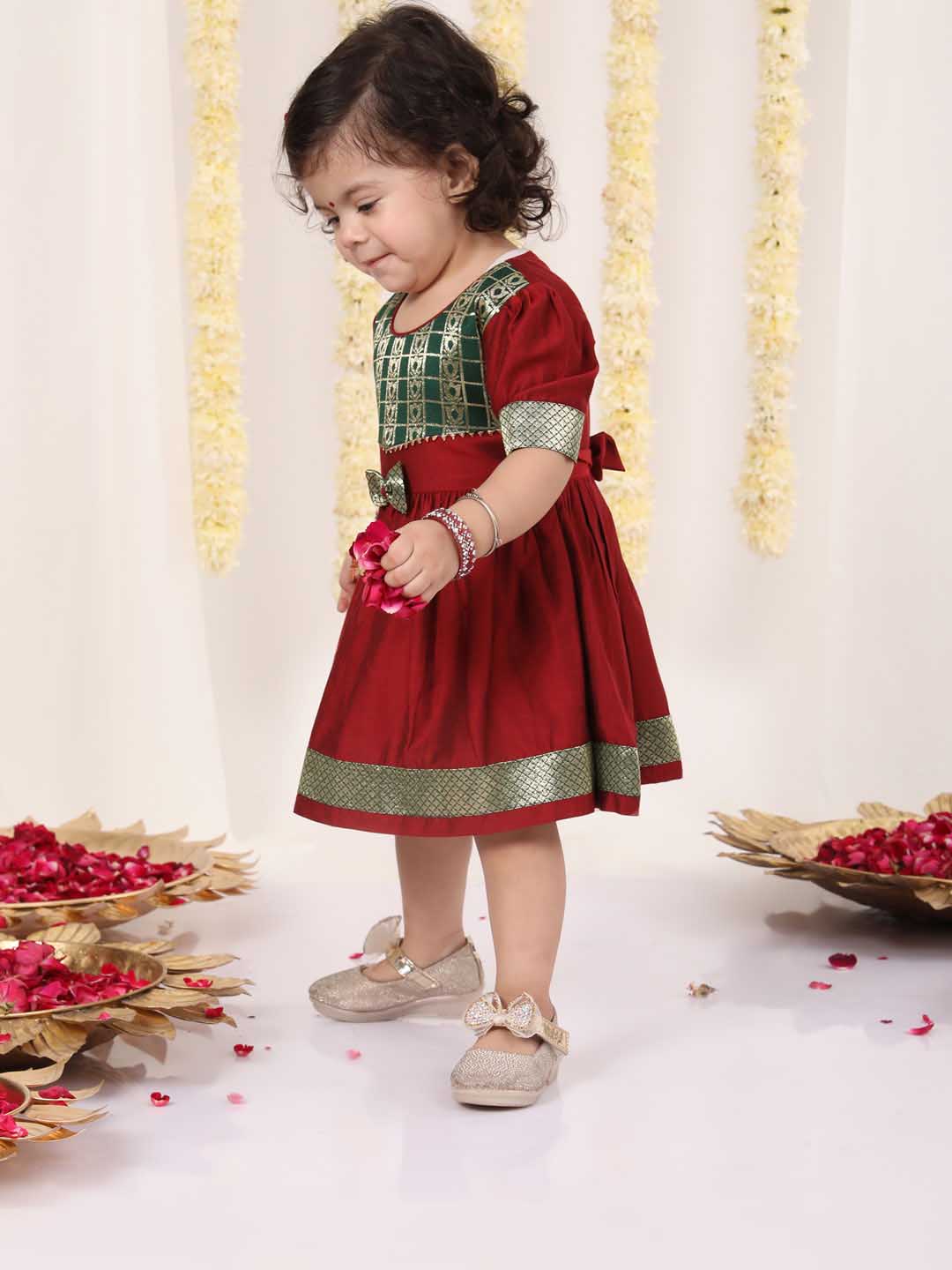 Girl's Maroon And Green Banarsi Frock