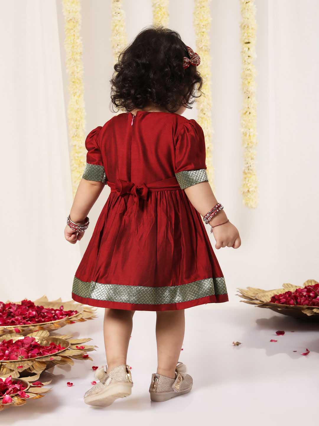 Girl's Maroon And Green Banarsi Frock