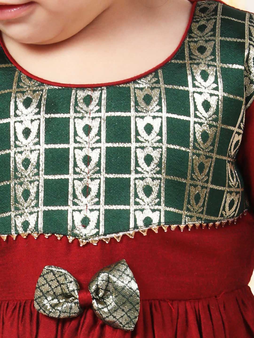 Girl's Maroon And Green Banarsi Frock