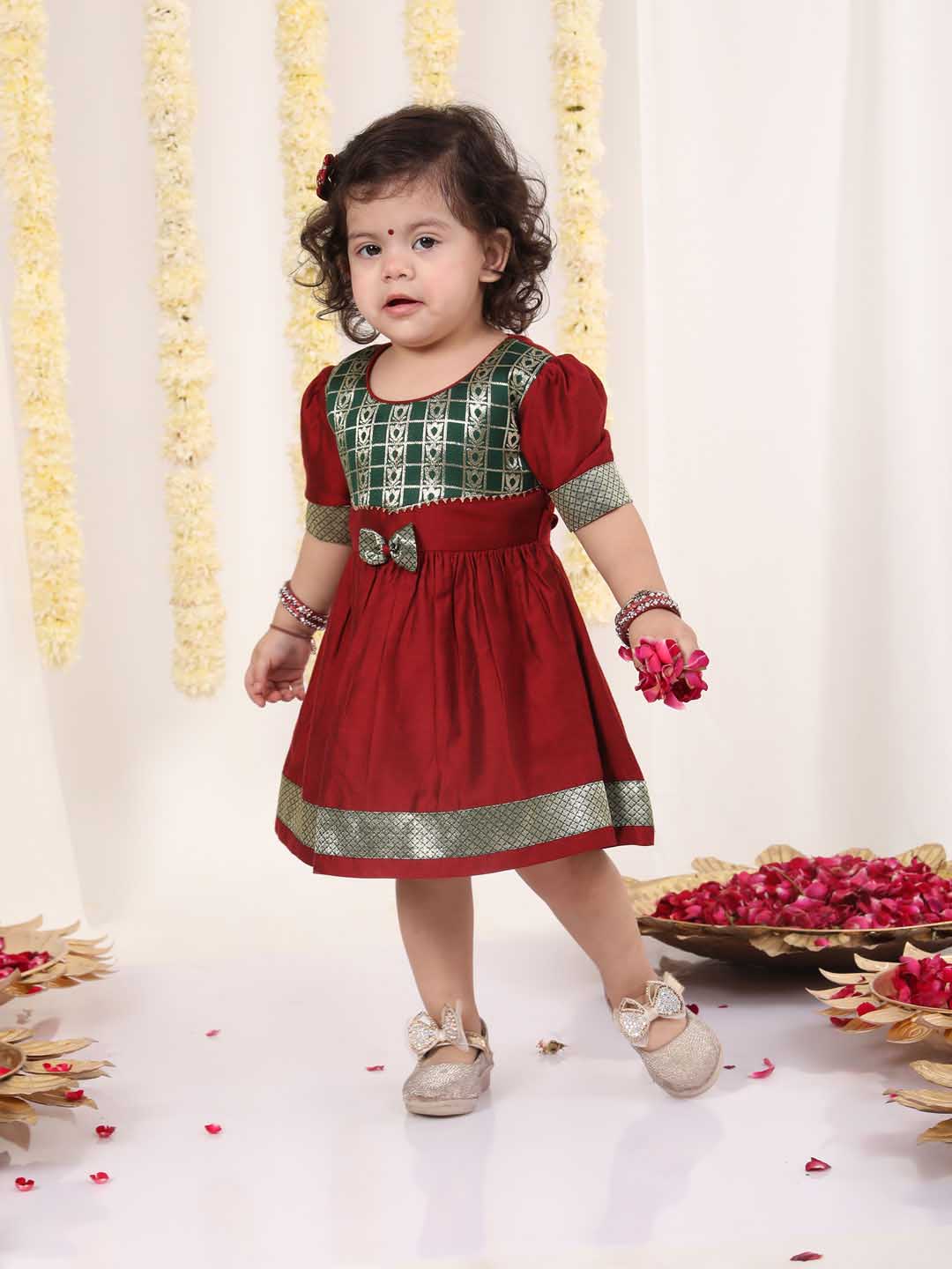 Girl's Maroon And Green Banarsi Frock