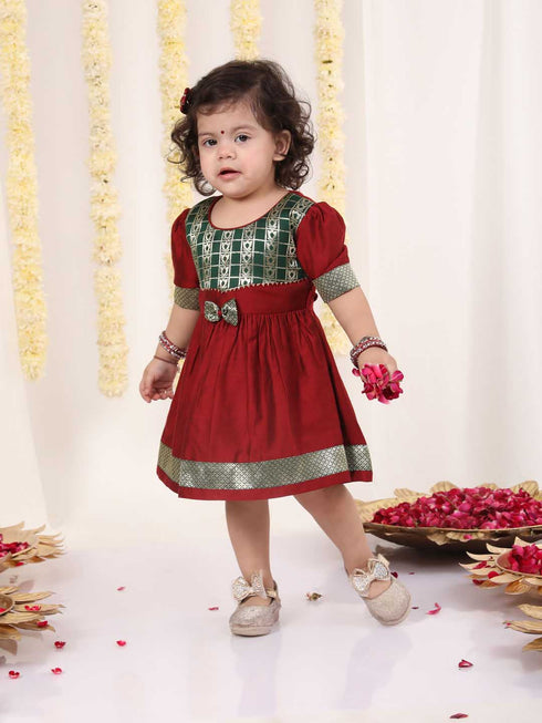 Girl's Maroon And Green Banarsi Frock