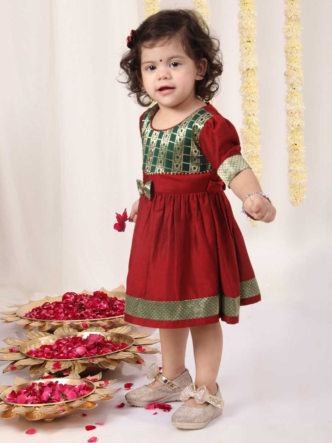 Girl's Maroon And Green Banarsi Frock