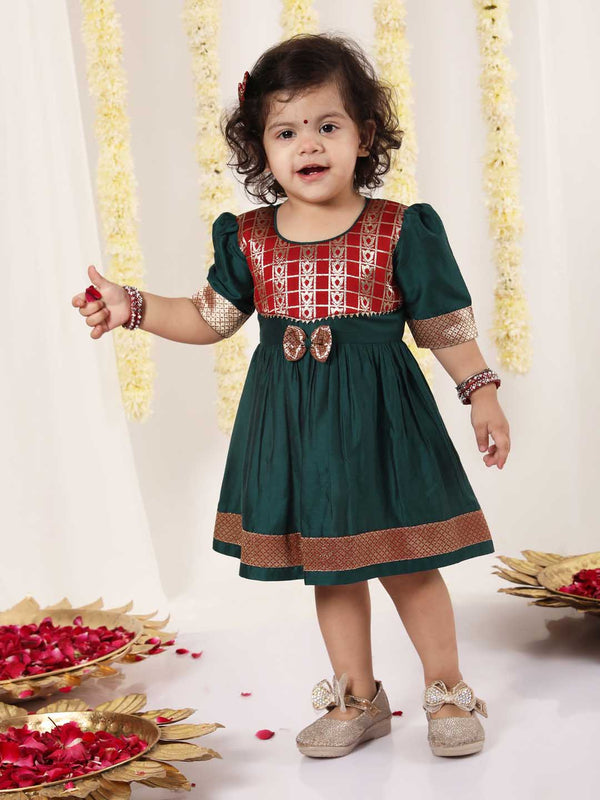 Girl's Maroon And Green Banarsi Frock