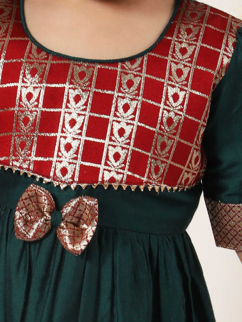 Girl's Maroon And Green Banarsi Frock