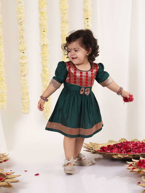 Girl's Maroon And Green Banarsi Frock