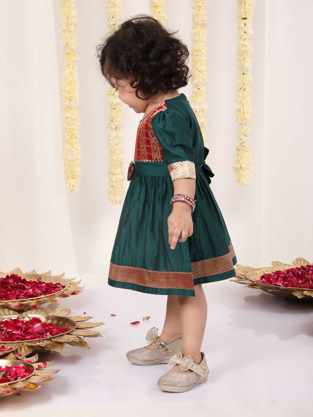 Girl's Maroon And Green Banarsi Frock
