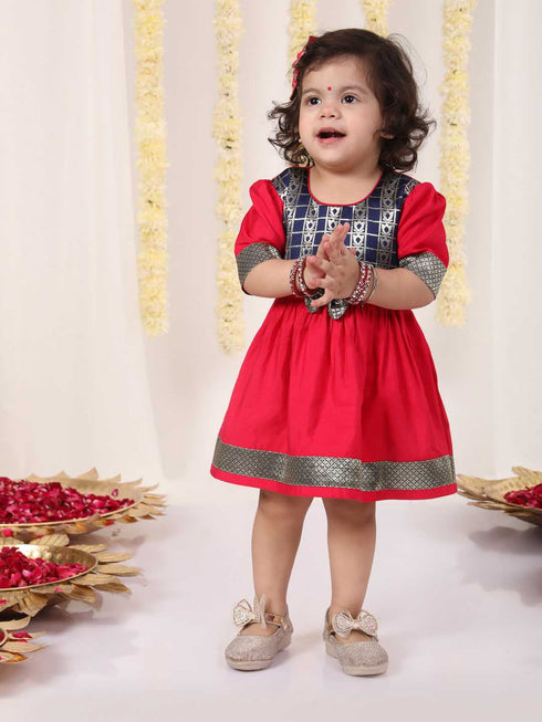 Girl's Navy Blue And Pink Banarsi Frock