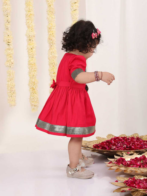 Girl's Navy Blue And Pink Banarsi Frock