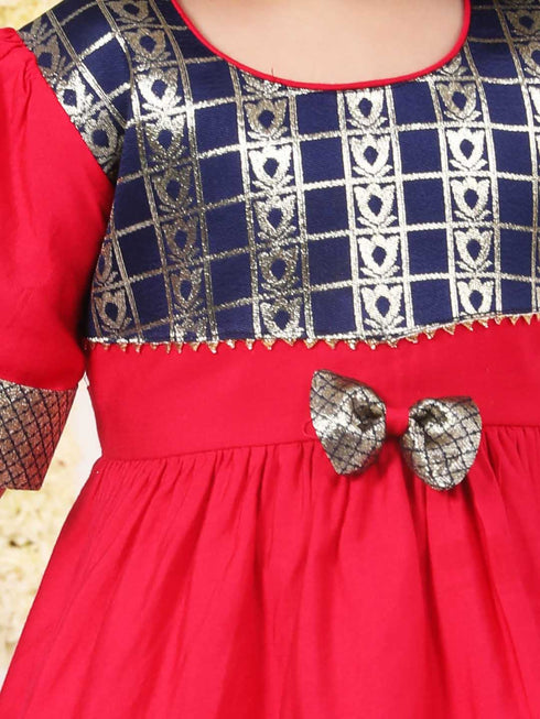 Girl's Navy Blue And Pink Banarsi Frock