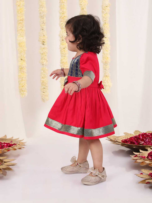 Girl's Navy Blue And Pink Banarsi Frock