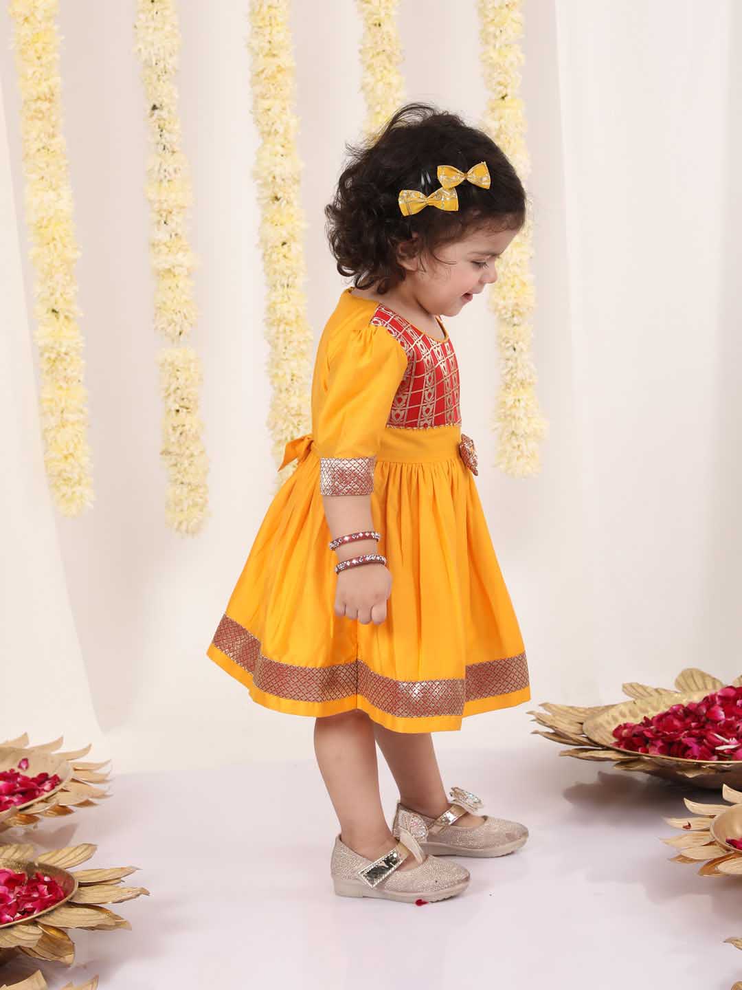 Girl's Red And Yellow Banarsi Frock