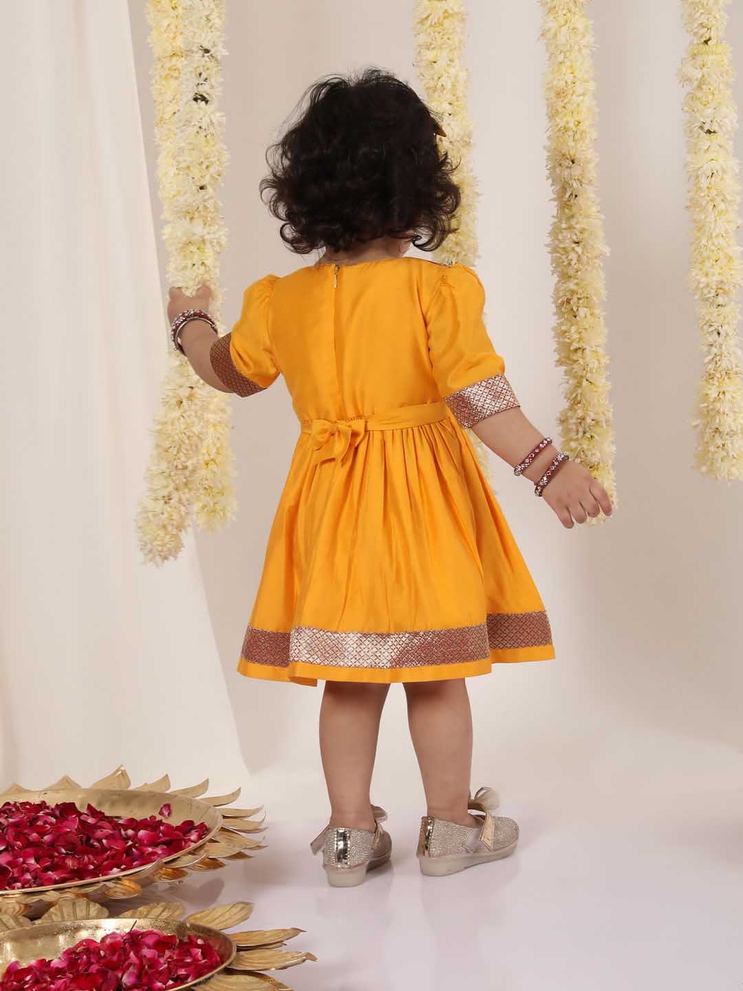 Girl's Red And Yellow Banarsi Frock