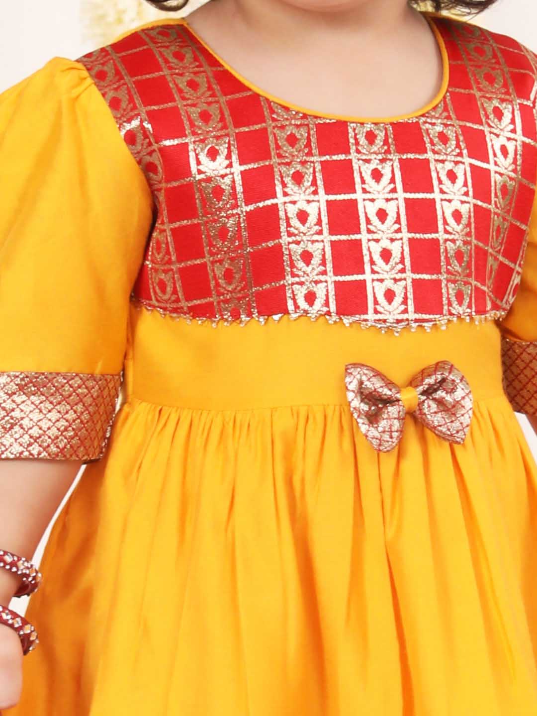 Girl's Red And Yellow Banarsi Frock